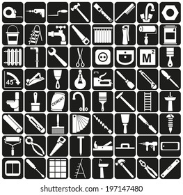 white icons in black rectangles on repairs and tools.