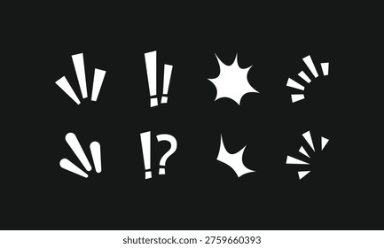 White icons flash against a dark gray background. Sharp lines burst outward in energetic bursts. Exclamation marks and question marks convey surprise or doubt