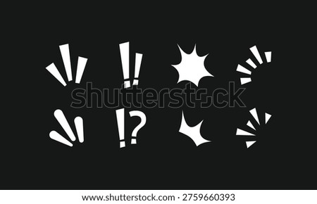 White icons flash against a dark gray background. Sharp lines burst outward in energetic bursts. Exclamation marks and question marks convey surprise or doubt