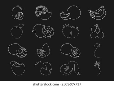 White icons of fruits and berries in one line on a black background