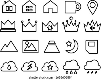 White icons of home, mag cup, mountain, clouds, etc.