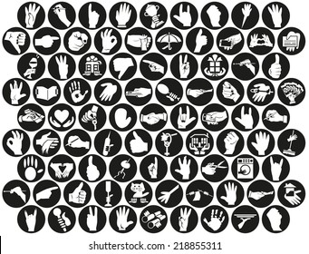 white icons with human hands on black background