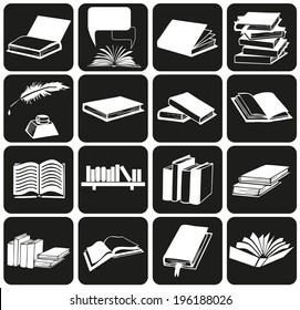 white icons on black background with theme of books and literature.
