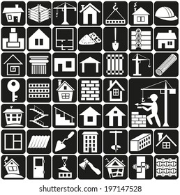 white icons on black background - construction and home.