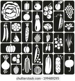 white icons on black background with vegetables, fruits and berries.