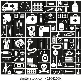 white icons on black background theme of doctor and medicine