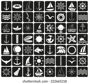 white icons on a black background on the marine theme and travel