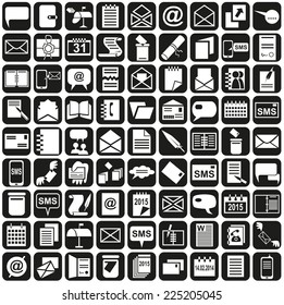 white icons on a black background on the topic of messages, calendars and notebooks