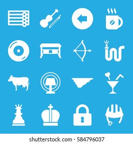 white icons set. Set of 16 white filled icons such as cow, arrow left, wooden wall, helmet, coffee, water hose, fence, lock, cocktail, disc on fire, violin, table lamp
