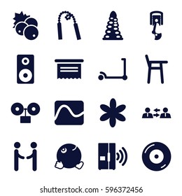 white icons set. Set of 16 white filled icons such as currant, tunnel, kick scooter, flower, dancing emoji, disc on fire, loudspeaker, intercom, robot arm, alarm, chain weapon