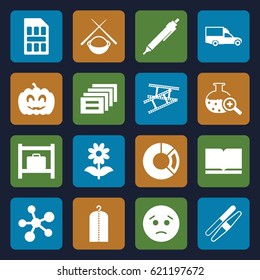 White icons set. set of 16 white filled icons such as luggage storage, sawing, clothes on hanger, pen, sad emot, van, flower, test tube search, pumpkin haloween, camera tape