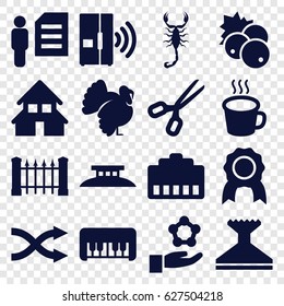White icons set. set of 16 white filled icons such as currant, scorpion, turkey, fence, piano toy, window squeegee, shuffle, cup, house building, intercom, wire fence
