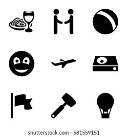 white icons set. Set of 9 white filled icons such as ball, pasta and wine glass, dvd player, plane, smiley, knife, flag, shaking hands