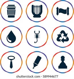 white icons set. Set of 9 white filled icons such as scorpion, tie, drink, highlighter, drop, recycle, manuscript, pawn