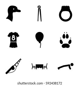 white icons set. Set of 9 white filled icons such as goose, animal paw, baloon, pliers, restaurant table, football uniform, ring, fishing rod