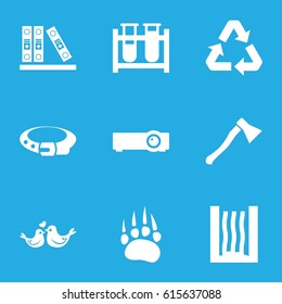 White icons set. set of 9 white filled icons such as animal paw, belt, test tube, lovebirds, binder, recycle, heating system, router