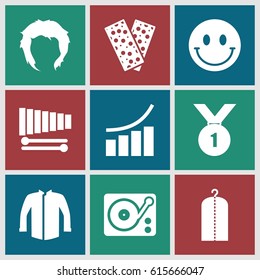 White icons set. set of 9 white filled icons such as hairstyle, clothes on hanger, jacket, graph, bandage, gramophone, xylophone, number 1 medal