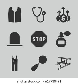 White icons set. set of 9 white filled icons such as siren, beanbag, perfume, sleeveless shirt, jumpsuit, stethoscope, camera tape, stop