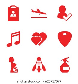 White icons set. set of 9 white filled icons such as plane landing, spray bottle, pregnant woman, guitar mediator, resume, music note, user and tick, hearts