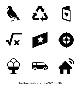 White icons set. set of 9 white filled icons such as dove, van, love card, ice cream, recycle, target, house signal, rank