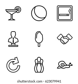 White icons set. set of 9 white outline icons such as smoking area, snail, bust, handshake, cocktail, ice cream, bowling, sphere