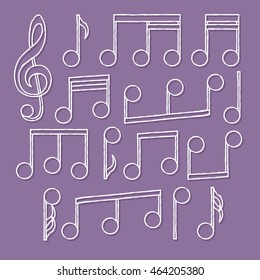 White icons set music note line style with shadow on a violet background vector