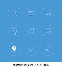 

Iconos blancos para la imagen del flujo de trabajo. Llamadas telefónicas, correo, informes, cartas, mensajes, mapa, destino. Fondo azul.