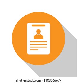 White Identification badge icon isolated on white background. It can be used for presentation, identity of the company, advertising and etc. Orange circle button. Flat design. Vector Illustration