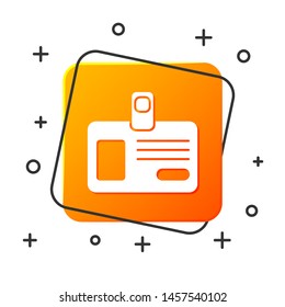 White Identification badge icon isolated on white background. It can be used for presentation, identity of the company, advertising. Orange square button. Vector Illustration