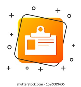 White Identification badge icon isolated on white background. It can be used for presentation, identity of the company, advertising. Orange square button. Vector Illustration