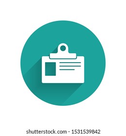 White Identification badge icon isolated with long shadow. It can be used for presentation, identity of the company, advertising. Green circle button. Vector Illustration