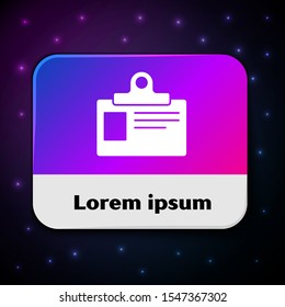White Identification badge icon isolated on black background. It can be used for presentation, identity of the company, advertising. Rectangle color button. Vector Illustration
