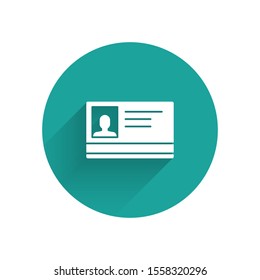 White Identification badge icon isolated with long shadow. It can be used for presentation, identity of the company, advertising. Green circle button. Vector Illustration