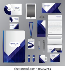 White identity template with blue origami elements. Vector company style for brandbook guideline and Pens mugs CDs books business cards letterhead flag Card