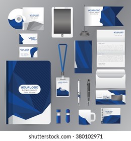 White identity template with blue origami elements. Vector company style for brandbook guideline and Pens mugs CDs books business cards letterhead flag Card