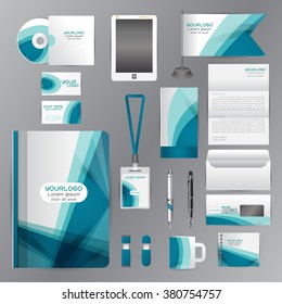 White identity template with blue origami elements. Vector company style for brandbook guideline and Pens mugs CDs books business cards letterhead flag Card Portfolio employees Tablet flash drive
