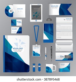 White identity template with blue origami elements. Vector company style for brandbook guideline and Pens mugs CDs books business cards letterhead flag Card Portfolio employees Tablet 