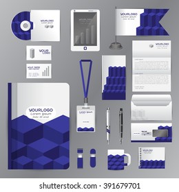 White identity template with blue origami elements. Vector company style for brandbook guideline and Pens mugs CDs books business cards letterhead flag Card Portfolio employees Tablet