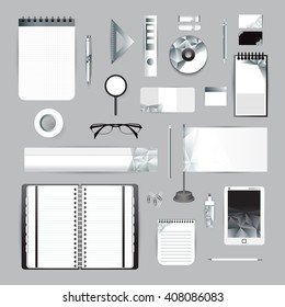White identity template with blue origami elements. Vector company style for brandbook guideline and Pens mugs CDs books business cards letterhead flag Card Portfolio employees Tablet