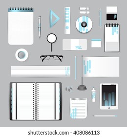 White identity template with blue origami elements. Vector company style for brandbook guideline and Pens mugs CDs books business cards letterhead flag Card Portfolio employees Tablet