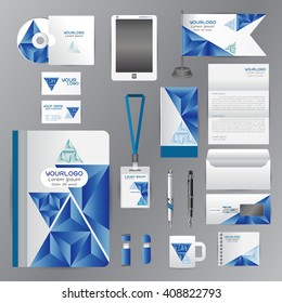 White identity template with blue origami elements. Vector company style for brandbook guideline and Pens mugs CDs books business cards letterhead flag Card Portfolio employees Tablet