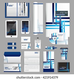 White identity template with blue origami elements. Vector company style for brandbook guideline and Pens mugs CDs books business cards letterhead flag Card Portfolio employees Tablet