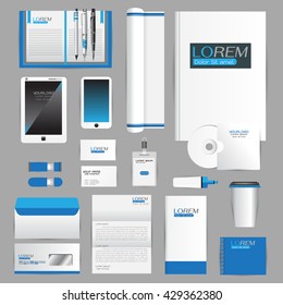 White identity template with blue origami elements. Vector company style for brandbook guideline and Pens mugs CDs books business cards letterhead flag Card Portfolio employees Tablet