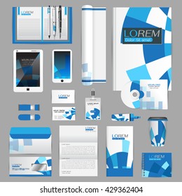 White identity template with blue origami elements. Vector company style for brandbook guideline and Pens mugs CDs books business cards letterhead flag Card Portfolio employees Tablet