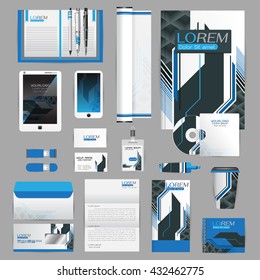 White identity template with blue origami elements. Vector company style for brandbook guideline and Pens mugs CDs books business cards letterhead flag Card Portfolio employees Tablet