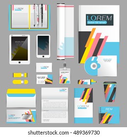 White identity template with blue origami elements. Vector company style for brandbook guideline and Pens mugs CDs books business cards letterhead flag Card Portfolio employees Tablet