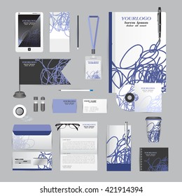 White identity template with blue scribble elements. Vector company style for brandbook guideline and Pens mugs CDs books business cards letterhead flag Card Portfolio employees Tablet