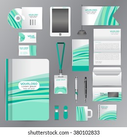 White identity template with blue Wave origami elementsVector company style for brandbook guideline and Pens mugs CDs books business cards letterhead flag Card