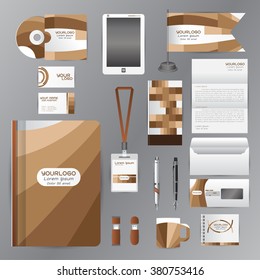 White identity template with brown origami elements. Vector company style for brandbook guideline and Pens mugs CDs books business cards letterhead flag Card Portfolio employees Tablet flash drive