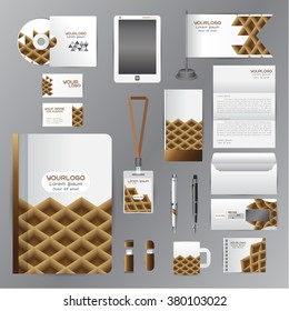 White identity template with brown triangle origami elementsVector company style for brandbook guideline and Pens mugs CDs books business cards letterhead flag Card